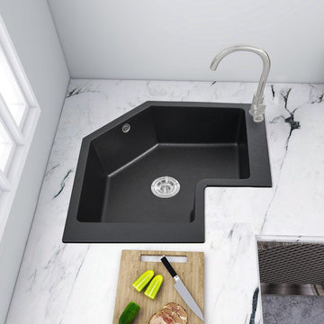 Drop In Corner Kitchen Sink Modern Single Bowl 27" Quartz Irregular Sink in Black